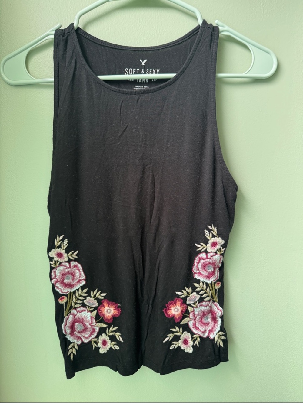 American Eagle Outfitters Black Tank with Pink Floral Embroidery XS